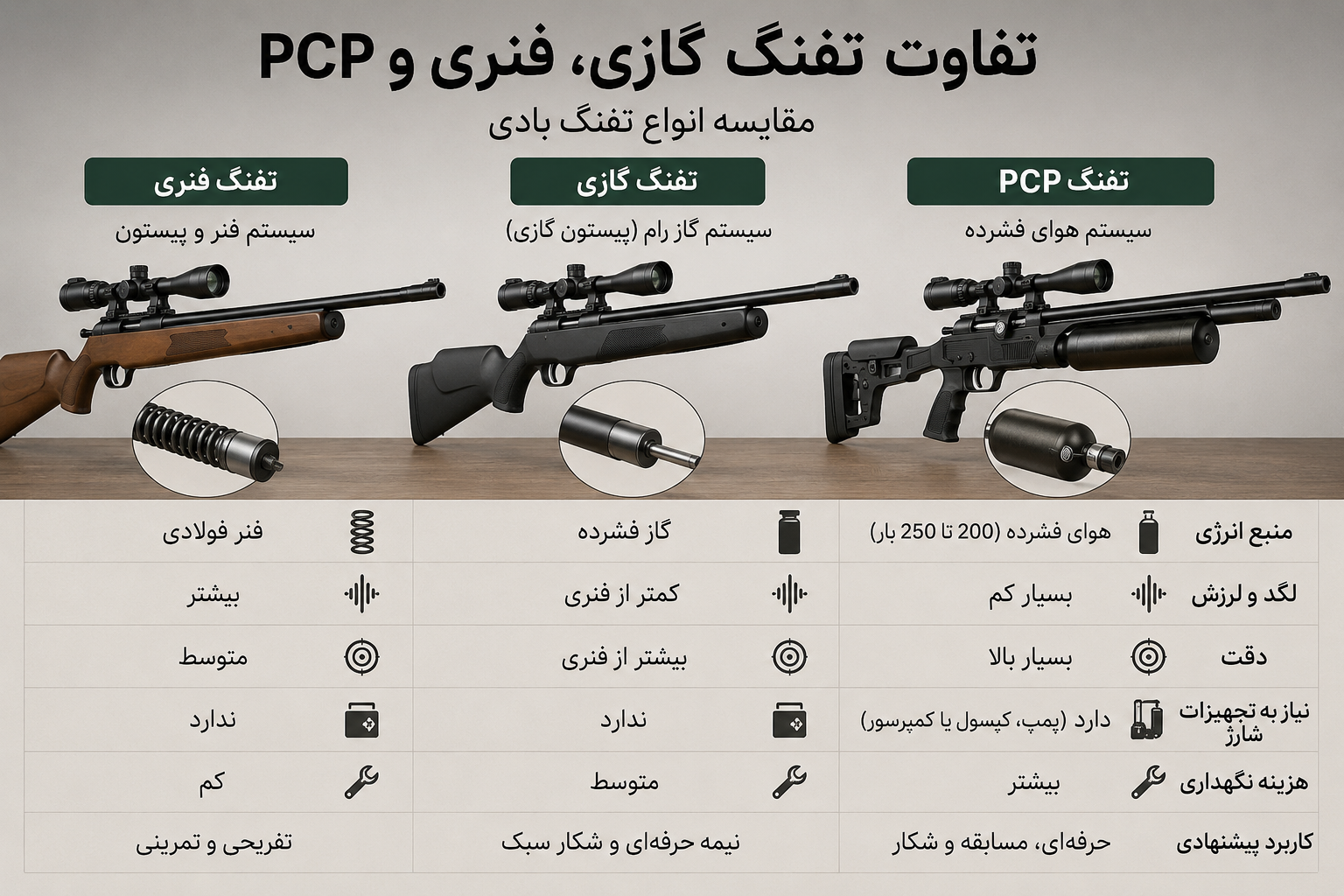 تفاوت تفنگ بادی , فنری و پی سی پی