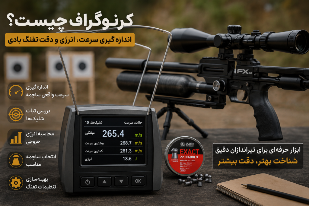 اندازه گیری سرعت و انرژی تفنگ بادی با کرنوگراف